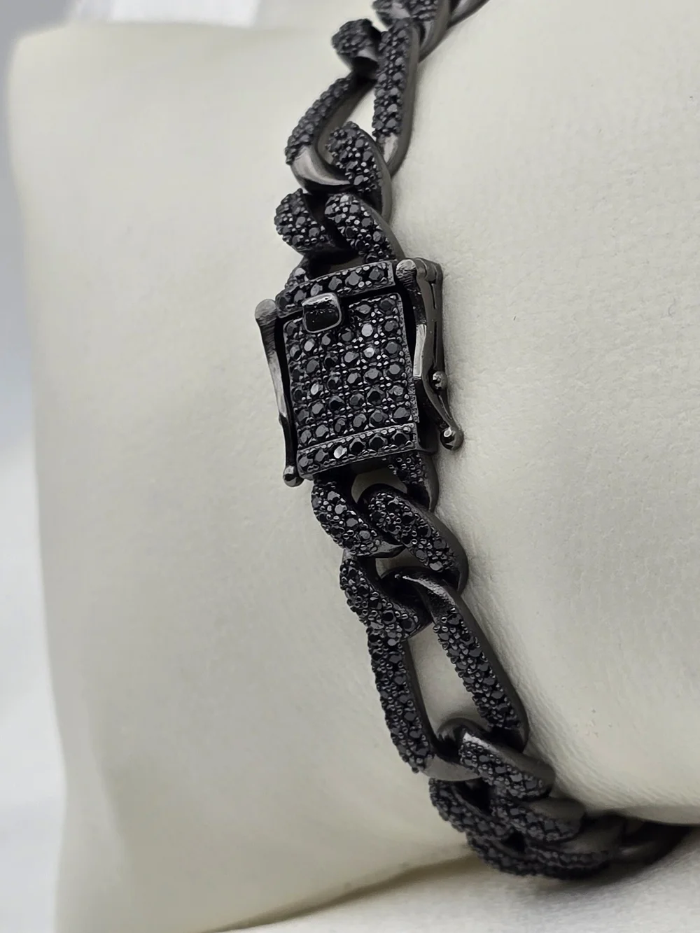 Black Rhodium Over Sterling Silver Pave Moissanite Luxury Figaro Link Bracelet